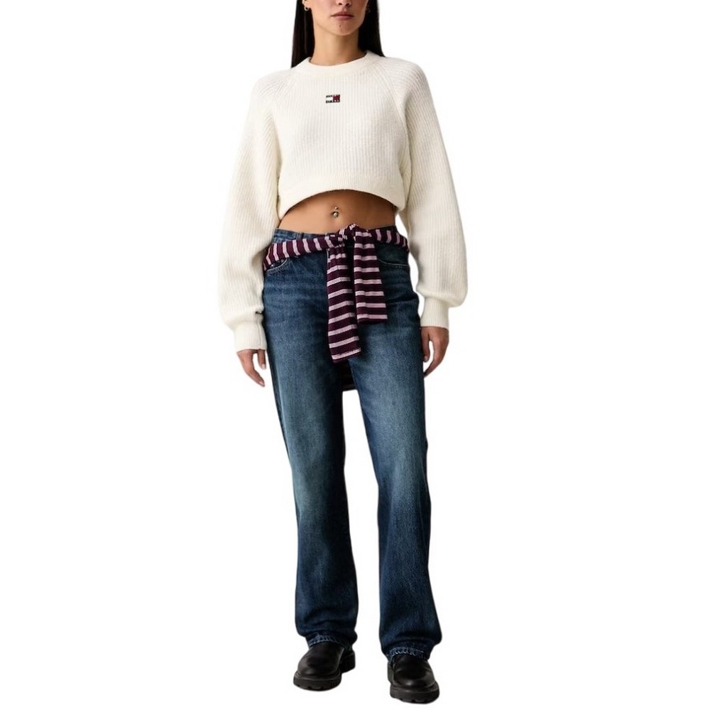 TOMMY JEANS CROP BADGE SWEATER ALPACA ΜΠΛΟΥΖΑ ΠΛΕΚΤΗ ΓΥΝΑΙΚΕΙΑ OFF WHITE