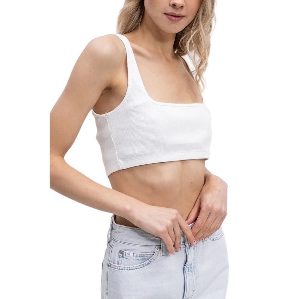 CALVIN KLEIN JEANS LEATHER PATCH RIB BRALETTE ΤΟΠ ΓΥΝΑΙΚΕΙΟ WHITE