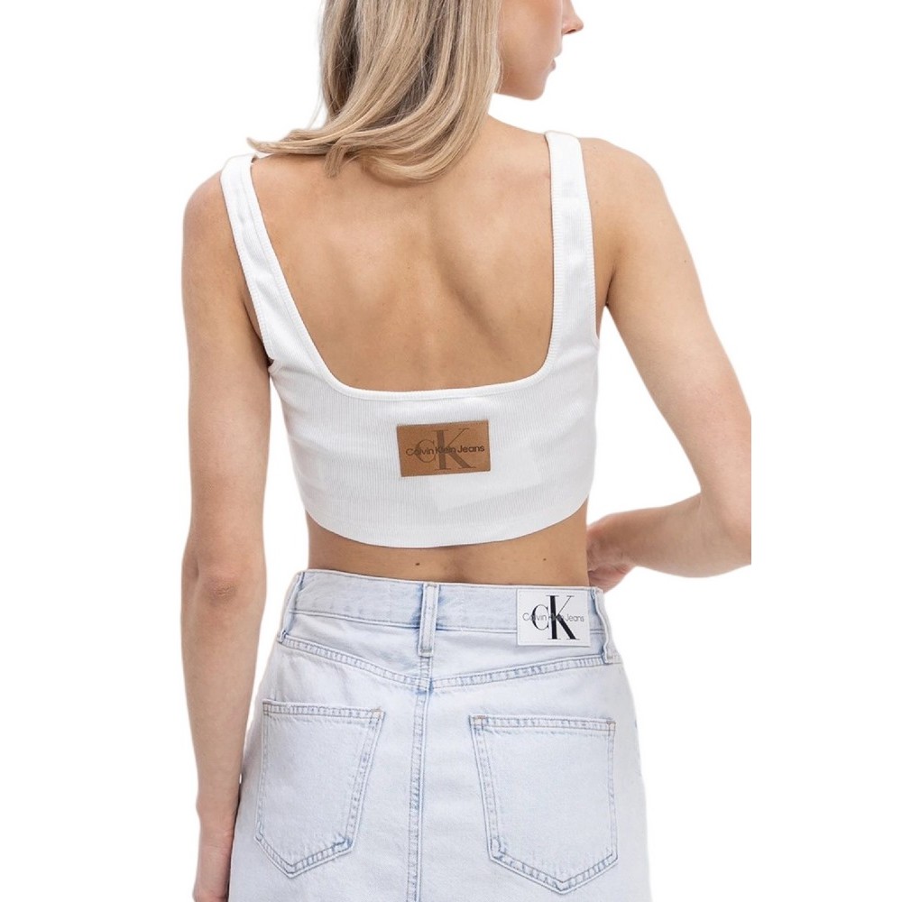 CALVIN KLEIN JEANS LEATHER PATCH RIB BRALETTE ΤΟΠ ΓΥΝΑΙΚΕΙΟ WHITE