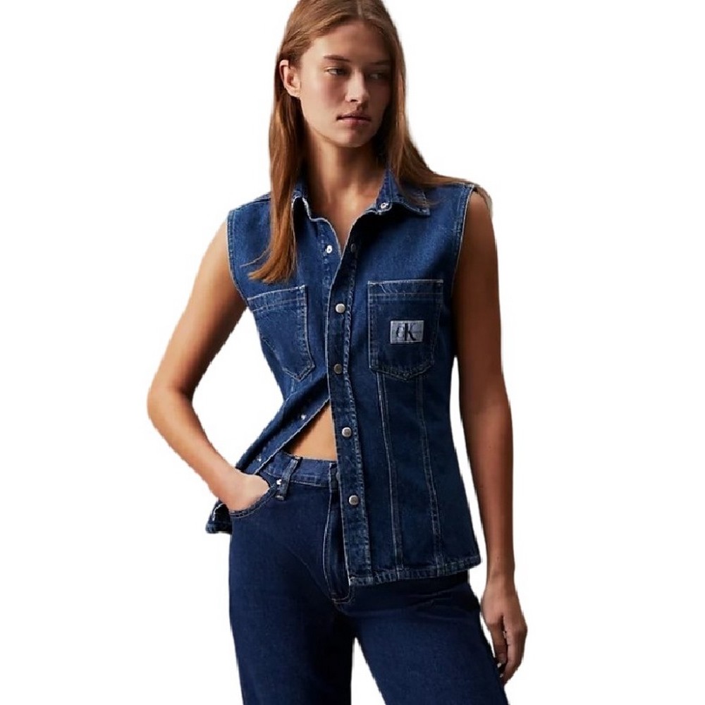 CALVIN KLEIN JEANS SLEEVELESS LEAN DENIM SHIRT ΠΟΥΚΑΜΙΣΟ ΓΥΝΑΙΚΕΙΟ BLUΕ DENIM