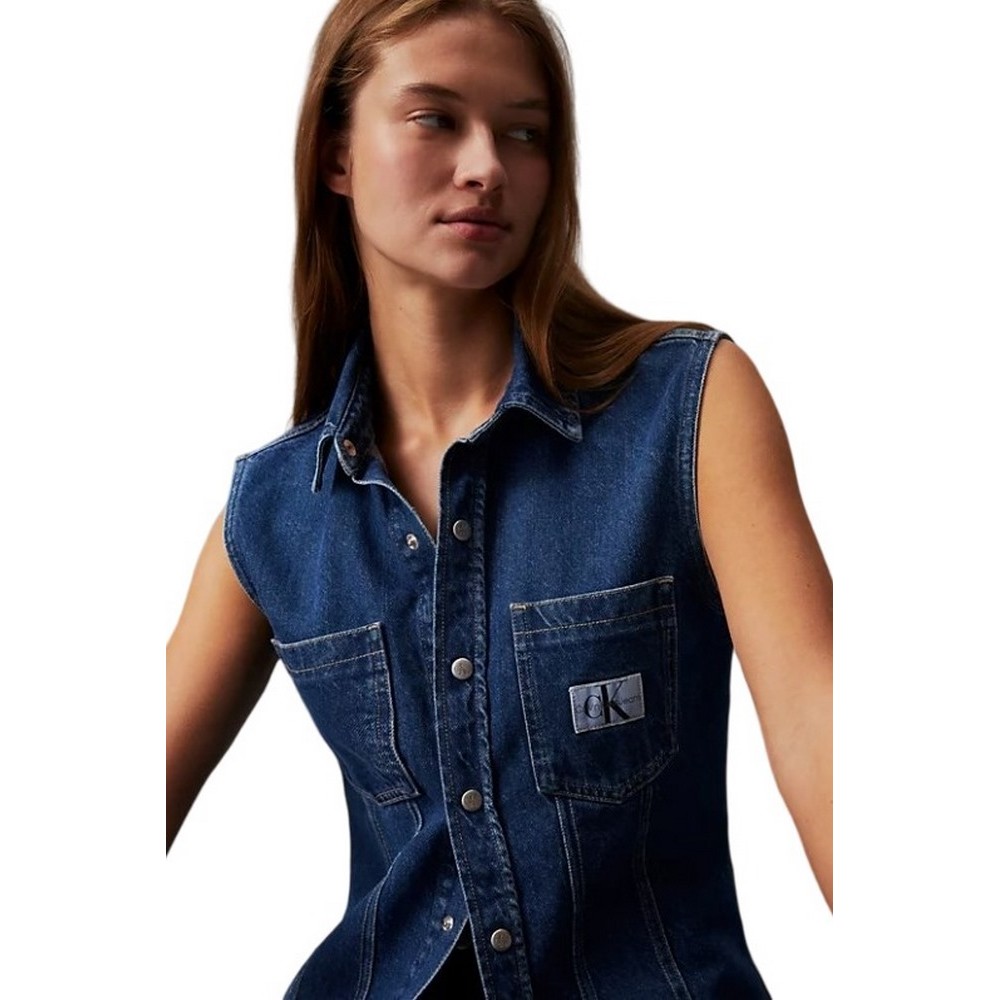 CALVIN KLEIN JEANS SLEEVELESS LEAN DENIM SHIRT ΠΟΥΚΑΜΙΣΟ ΓΥΝΑΙΚΕΙΟ BLUΕ DENIM