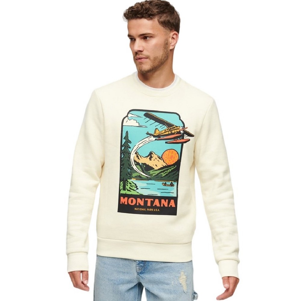 SUPERDRY D3 OVIN TRAVEL POSTCARD GRAPHIC CREW ΜΠΛΟΥΖΑ ΦΟΥΤΕΡ ΑΝΔΡΙΚΗ OFF WHITE