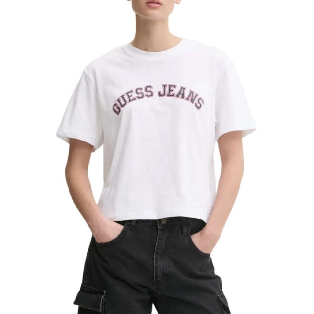 GUESS JEANS SS CN BOXY COLLEGIATE TEE ΜΠΛΟΥΖΑ ΓΥΝΑΙΚΕΙΑ WHITE