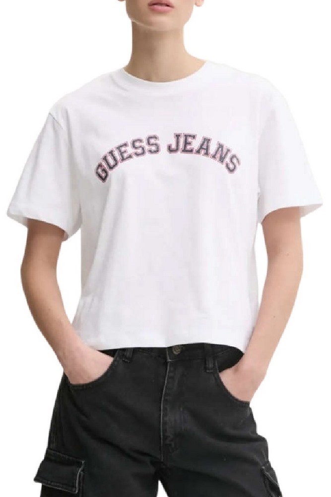 GUESS JEANS SS CN BOXY COLLEGIATE TEE ΜΠΛΟΥΖΑ ΓΥΝΑΙΚΕΙΑ WHITE