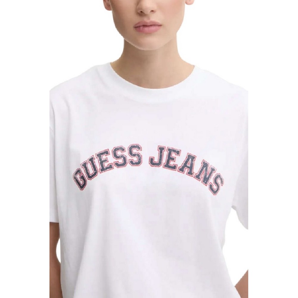 GUESS JEANS SS CN BOXY COLLEGIATE TEE ΜΠΛΟΥΖΑ ΓΥΝΑΙΚΕΙΑ WHITE