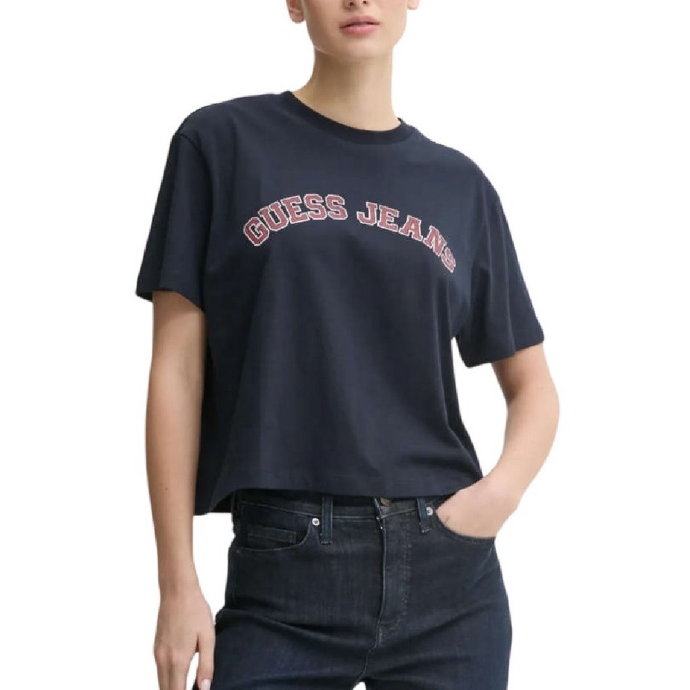 GUESS JEANS SS CN BOXY COLLEGIATE TEE ΜΠΛΟΥΖΑ ΓΥΝΑΙΚΕΙΑ DARK NAVY