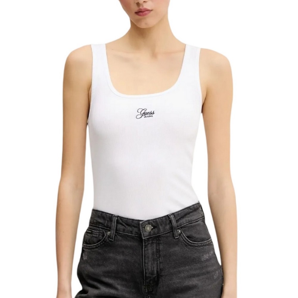 GUESS JEANS TANK TOP SLIM RIB ΤΟΠ ΜΠΛΟΥΖΑ ΓΥΝΑΙΚΕΙΑ WHITE