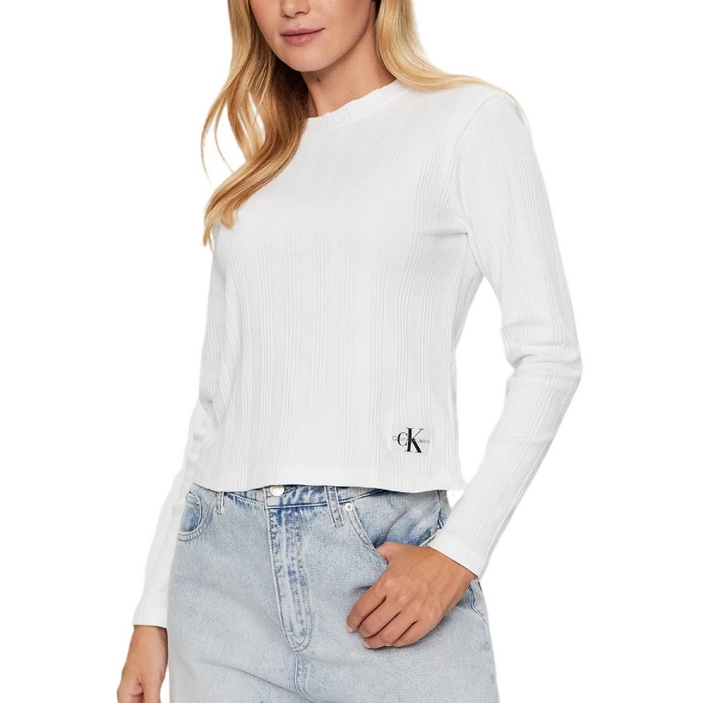 CALVIN KLEIN JEANS  BADGE RIB BABY TEE LONG SLEEVE ΜΠΛΟΥΖΑ ΓΥΝΑΙΚΕΙΑ WHITE