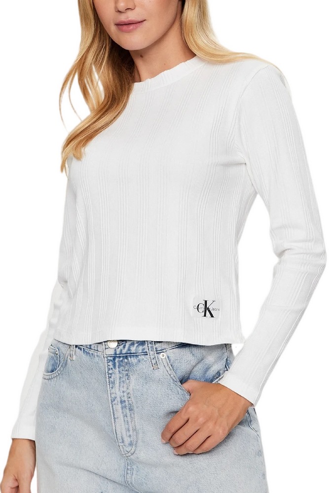 CALVIN KLEIN JEANS  BADGE RIB BABY TEE LONG SLEEVE ΜΠΛΟΥΖΑ ΓΥΝΑΙΚΕΙΑ WHITE