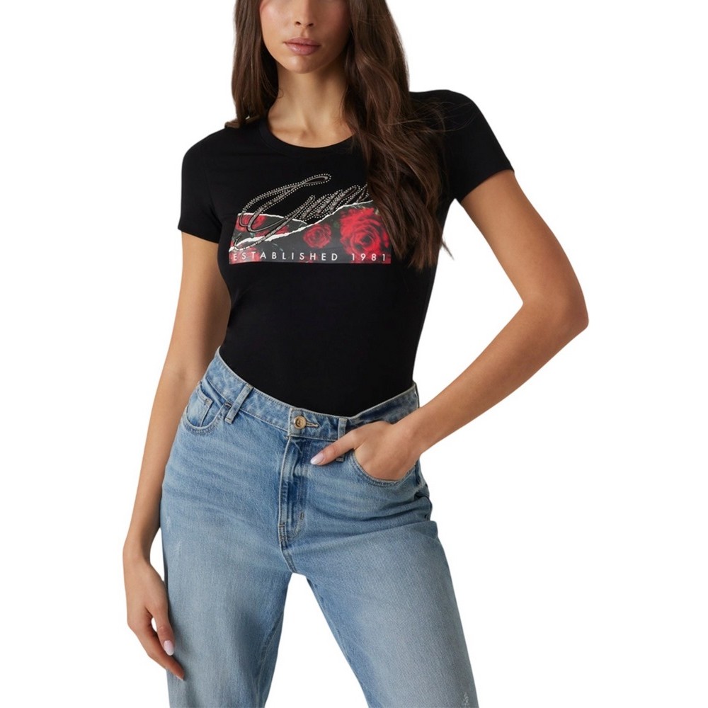 GUESS SS CN ROSES PRINT T-SHIRT ΜΠΛΟΥΖΑ ΓΥΝΑΙΚΕΙΑ BLACK