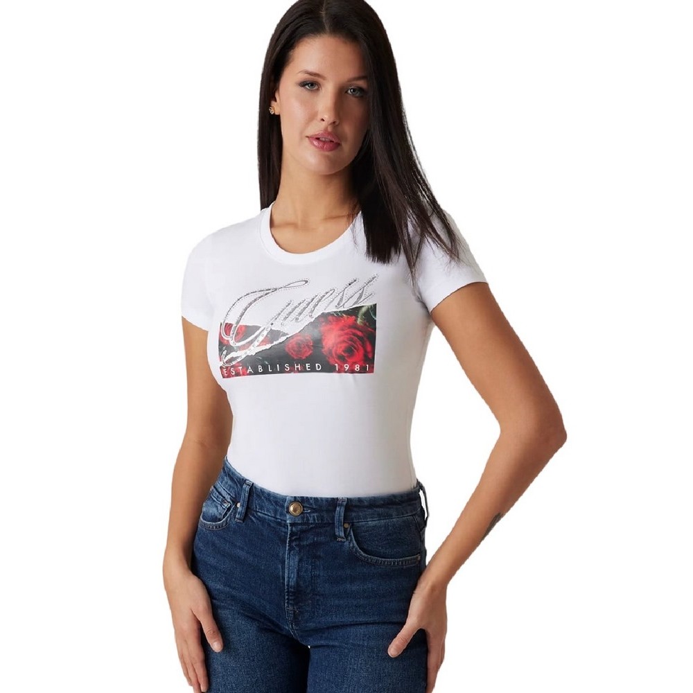 GUESS SS CN ROSES PRINT T-SHIRT ΜΠΛΟΥΖΑ ΓΥΝΑΙΚΕΙΑ WHITE