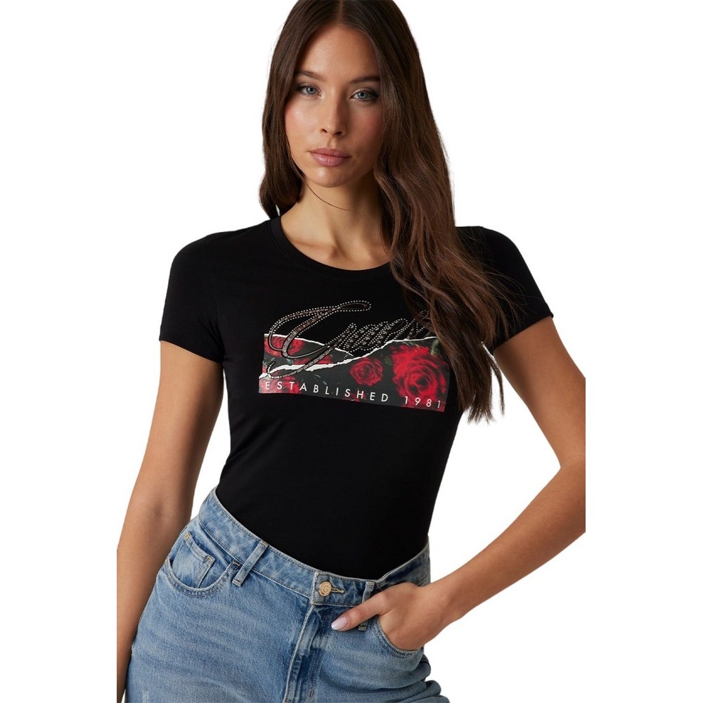 GUESS SS CN ROSES PRINT T-SHIRT ΜΠΛΟΥΖΑ ΓΥΝΑΙΚΕΙΑ BLACK