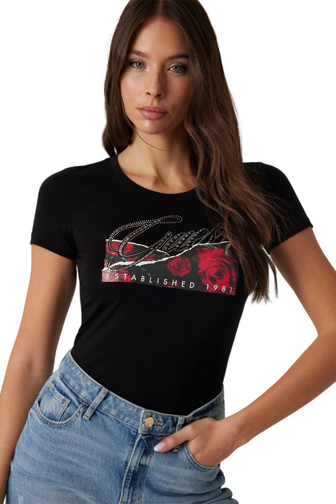 GUESS SS CN ROSES PRINT T-SHIRT ΜΠΛΟΥΖΑ ΓΥΝΑΙΚΕΙΑ BLACK