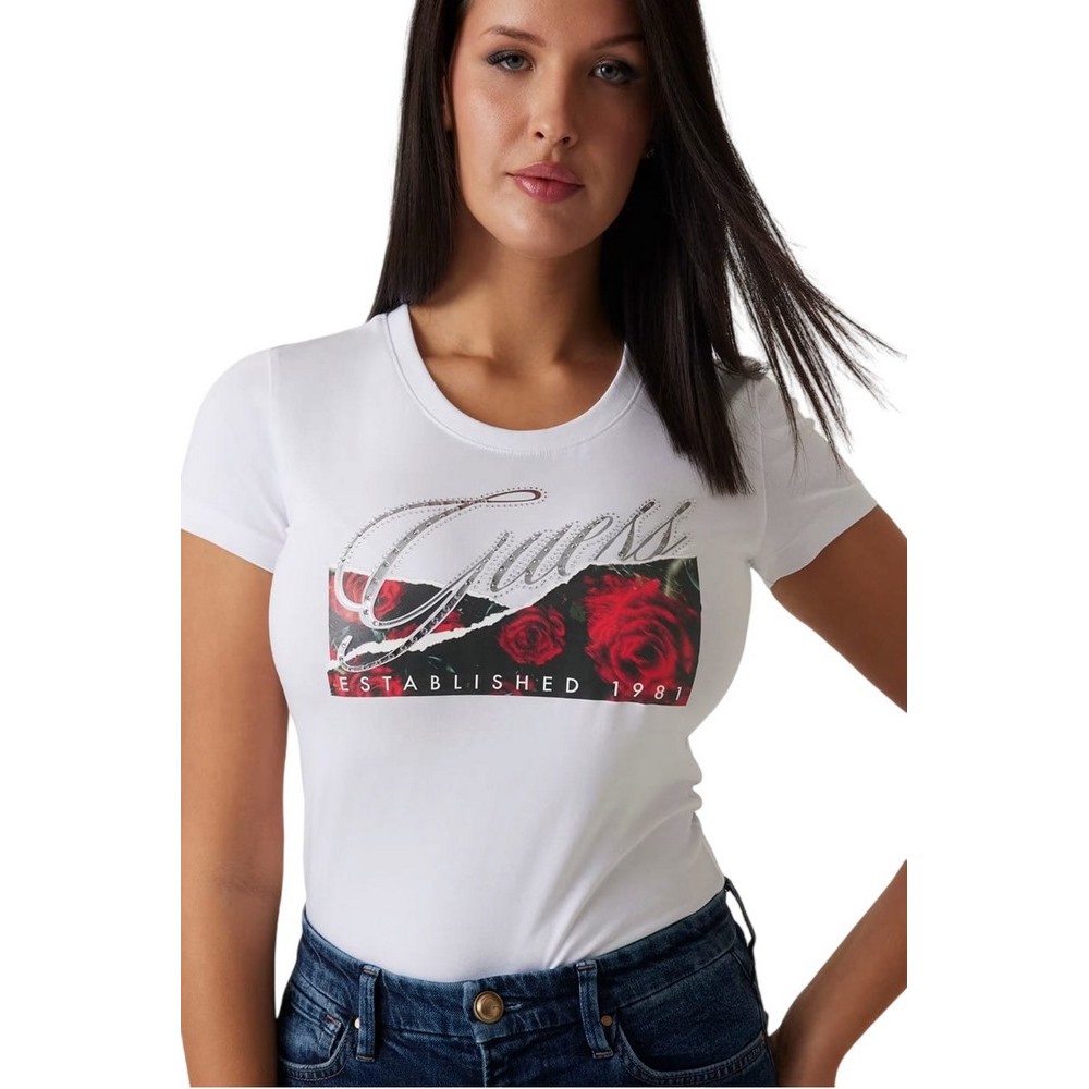 GUESS SS CN ROSES PRINT T-SHIRT ΜΠΛΟΥΖΑ ΓΥΝΑΙΚΕΙΑ WHITE