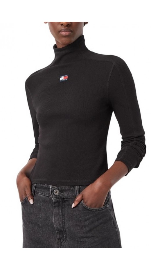 TOMMY JEANS SLIM RIB LS MOCK BADGE ΜΠΛΟΥΖΑ ΓΥΝΑΙΚΕΙΑ BLACK