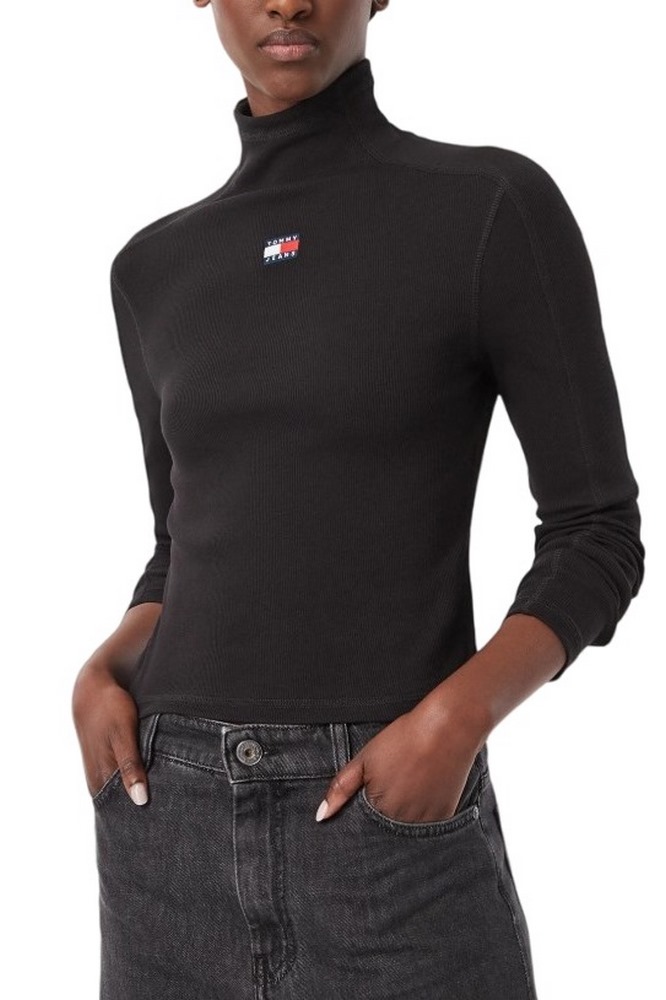 TOMMY JEANS SLIM RIB LS MOCK BADGE ΜΠΛΟΥΖΑ ΓΥΝΑΙΚΕΙΑ BLACK