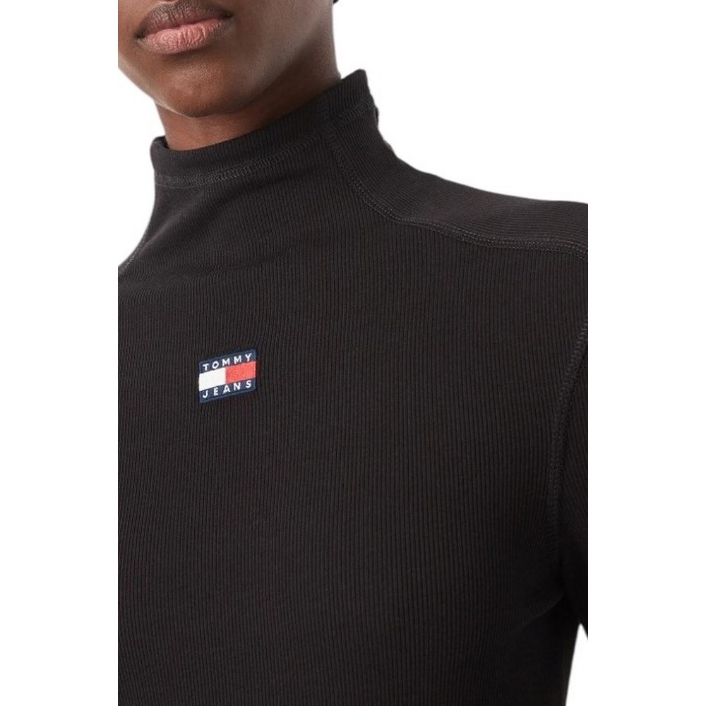 TOMMY JEANS SLIM RIB LS MOCK BADGE ΜΠΛΟΥΖΑ ΓΥΝΑΙΚΕΙΑ BLACK