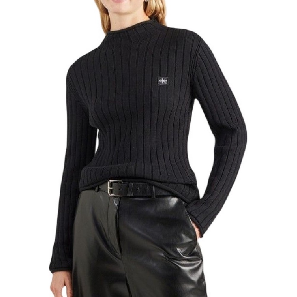 CALVIN KLEIN JEANS WOVEN LABEL TNECK SWEATER ΜΠΛΟΥΖΑ ΠΛΕΚΤΗ ΓΥΝΑΙΚΕΙΑ BLACK