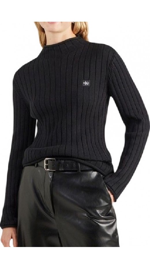 CALVIN KLEIN JEANS WOVEN LABEL TNECK SWEATER ΜΠΛΟΥΖΑ ΠΛΕΚΤΗ ΓΥΝΑΙΚΕΙΑ BLACK