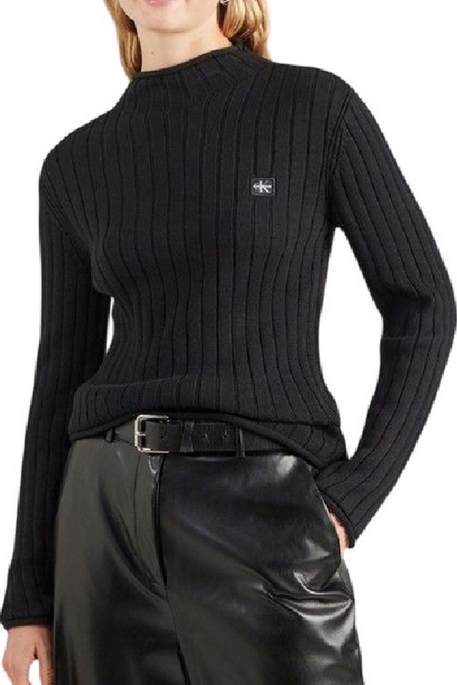 CALVIN KLEIN JEANS WOVEN LABEL TNECK SWEATER ΜΠΛΟΥΖΑ ΠΛΕΚΤΗ ΓΥΝΑΙΚΕΙΑ BLACK