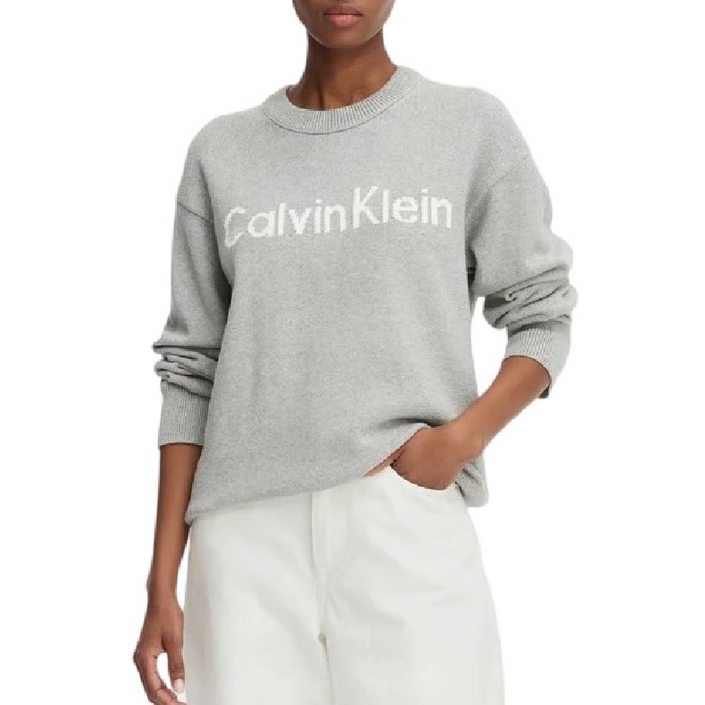 CALVIN KLEIN JEANS CONTRAST LOGO LS SWEATER ΜΠΛΟΥΖΑ ΠΛΕΚΤΗ ΓΥΝΑΙΚΕΙΑ GREY