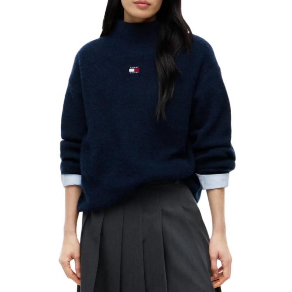 TOMMY JEANS CROP BADGE SWEATER ALPACA ΜΠΛΟΥΖΑ ΠΛΕΚΤΗ ΓΥΝΑΙΚΕΙΑ NAVY
