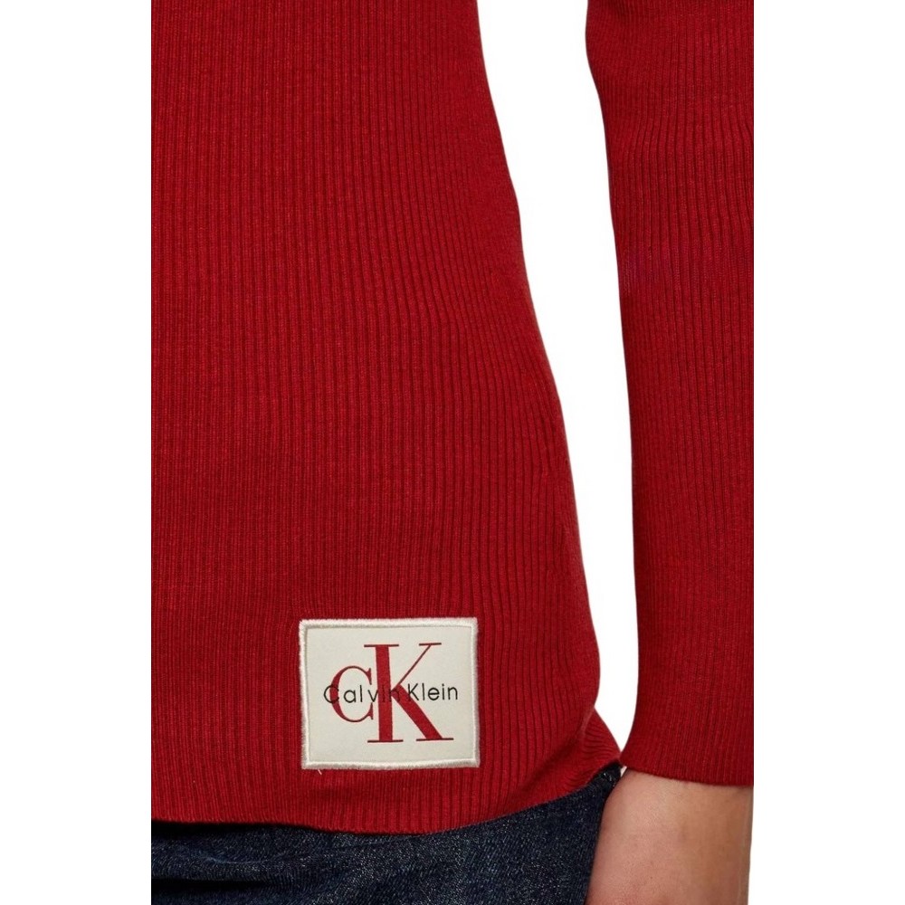 CALVIN KLEIN JEANS WOVEN LABEL ROLL NECK ΜΠΛΟΥΖΑ ΜΑΚΡΥΜΑΝΙΚΗ ΓΥΝΑΙΚΕΙΑ WINE