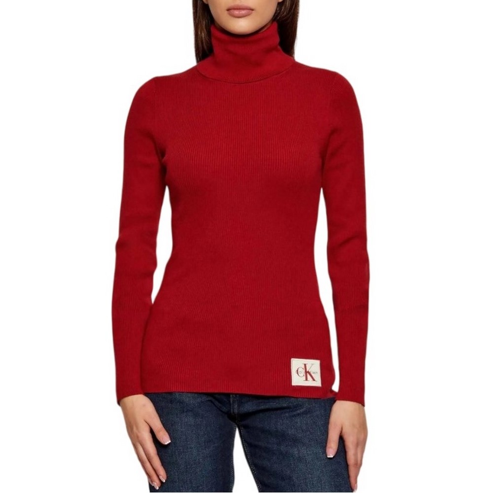 CALVIN KLEIN JEANS WOVEN LABEL ROLL NECK ΜΠΛΟΥΖΑ ΜΑΚΡΥΜΑΝΙΚΗ ΓΥΝΑΙΚΕΙΑ WINE