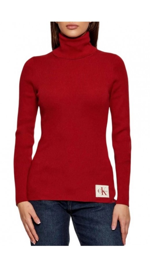 CALVIN KLEIN JEANS WOVEN LABEL ROLL NECK ΜΠΛΟΥΖΑ ΜΑΚΡΥΜΑΝΙΚΗ ΓΥΝΑΙΚΕΙΑ WINE