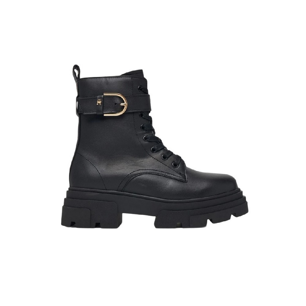TOMMY HILFIGER LEATHER TH BUCKLED LACE-UP BOOT ΠΑΠΟΥΤΣΙ ΓΥΝΑΙΚΕΙΟ BLACK