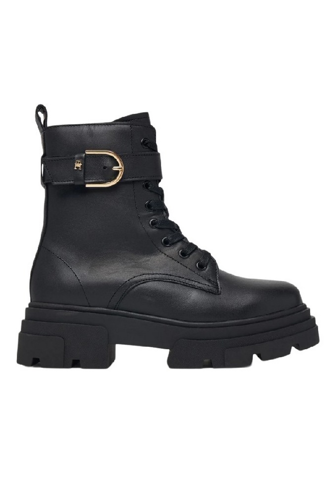 TOMMY HILFIGER LEATHER TH BUCKLED LACE-UP BOOT ΠΑΠΟΥΤΣΙ ΓΥΝΑΙΚΕΙΟ BLACK