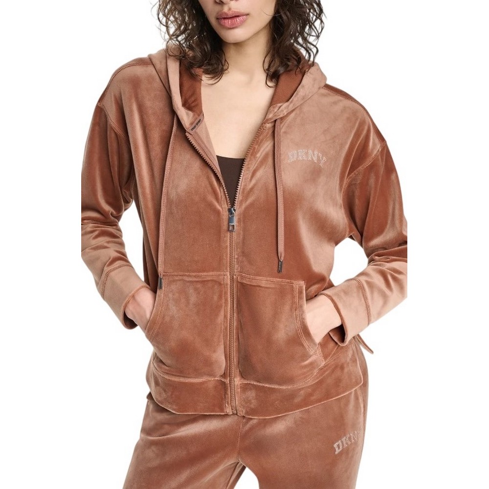 DKNY VARSITY VELOUR RHINESTONE LOGO FULL ZIP SWEATRHIRT ΖΑΚΕΤΑ ΓΥΝΑΙΚΕΙΑ CARAMEL