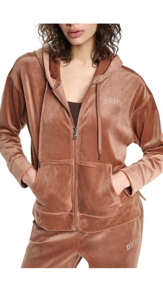 DKNY VARSITY VELOUR RHINESTONE LOGO FULL ZIP SWEATRHIRT ΖΑΚΕΤΑ ΓΥΝΑΙΚΕΙΑ CARAMEL