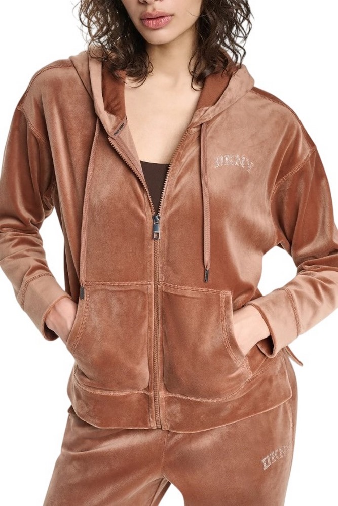 DKNY VARSITY VELOUR RHINESTONE LOGO FULL ZIP SWEATRHIRT ΖΑΚΕΤΑ ΓΥΝΑΙΚΕΙΑ CARAMEL