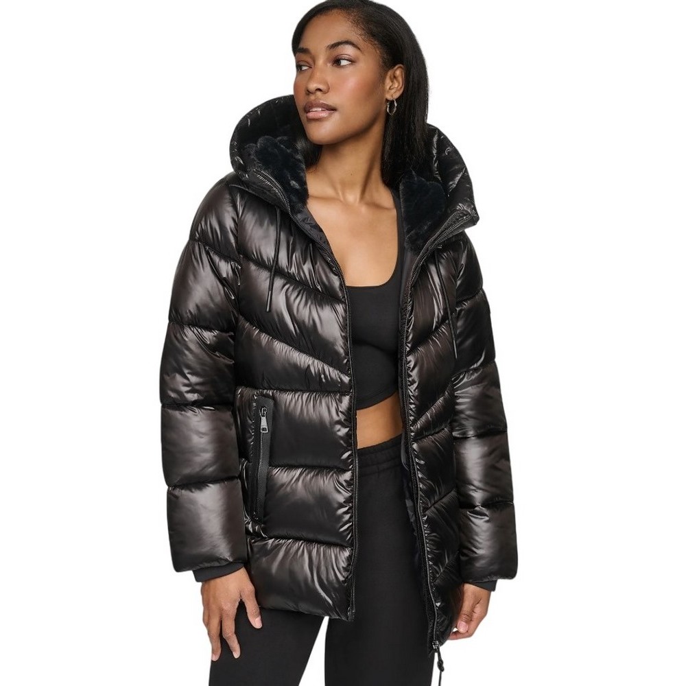 DKNY PEARALIZED HOODED PUFFER JACKET ΜΠΟΥΦΑΝ ΓΥΝΑΙΚΕΙΟ BLACK