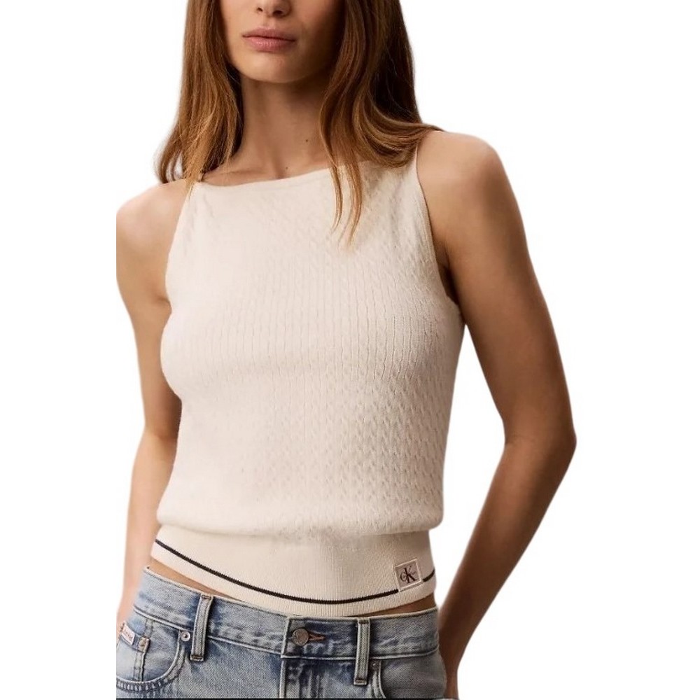 CALVIN KLEIN JEANS SLIM WOVEN LABEL CABLE TANK ΤΟΠ ΓΥΝΑΙΚΕΙΟ OFF WHITE