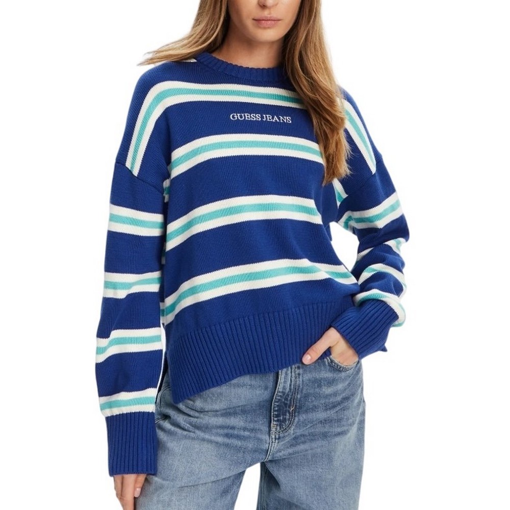 GUESS JEANS LS CN STRIPED SWT GENERATION YARN ΠΛΕΚΤΗ ΜΠΛΟΥΖΑ ΓΥΝΑΙΚΕΙΑ BLUE