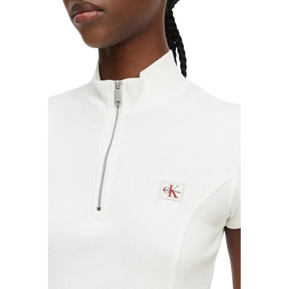CALVIN KLEIN JEANS WOVEN LABEL 2X2 BABY RIB ZIP T-SHIRT ΜΠΛΟΥΖΑ ΓΥΝΑΙΚΕΙΑ WHITE