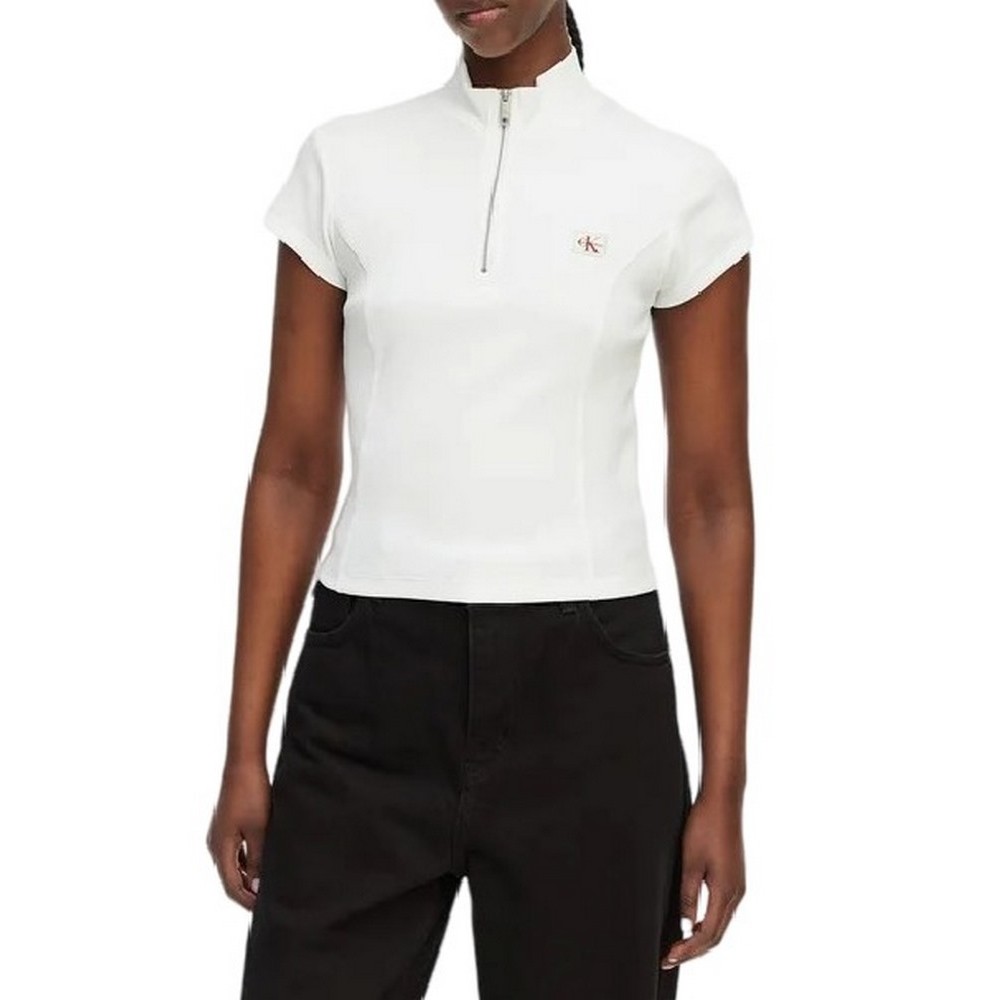 CALVIN KLEIN JEANS WOVEN LABEL 2X2 BABY RIB ZIP T-SHIRT ΜΠΛΟΥΖΑ ΓΥΝΑΙΚΕΙΑ WHITE