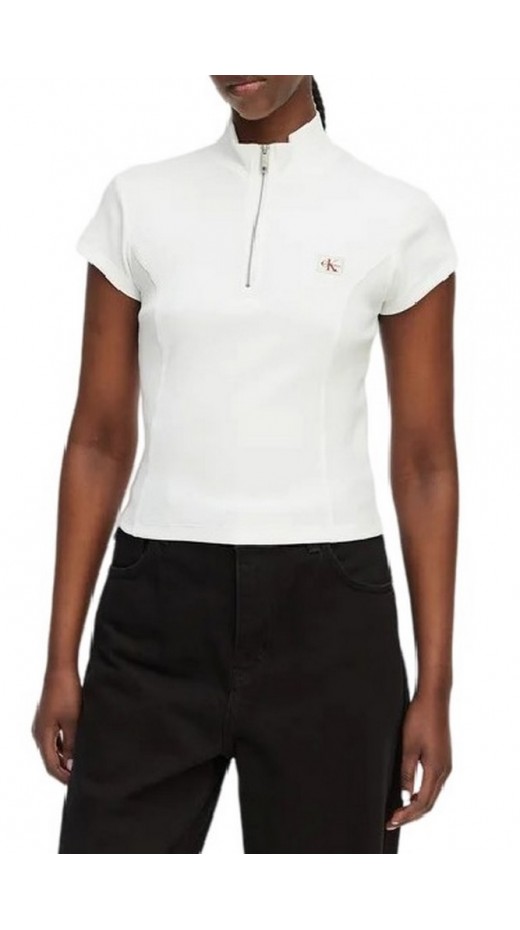 CALVIN KLEIN JEANS WOVEN LABEL 2X2 BABY RIB ZIP T-SHIRT ΜΠΛΟΥΖΑ ΓΥΝΑΙΚΕΙΑ WHITE
