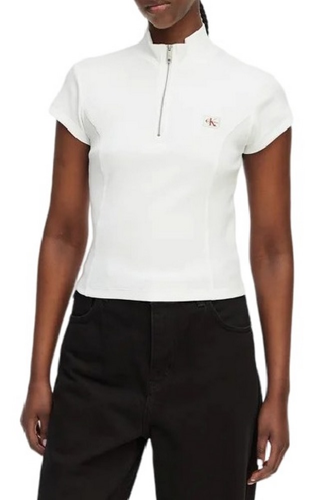 CALVIN KLEIN JEANS WOVEN LABEL 2X2 BABY RIB ZIP T-SHIRT ΜΠΛΟΥΖΑ ΓΥΝΑΙΚΕΙΑ WHITE