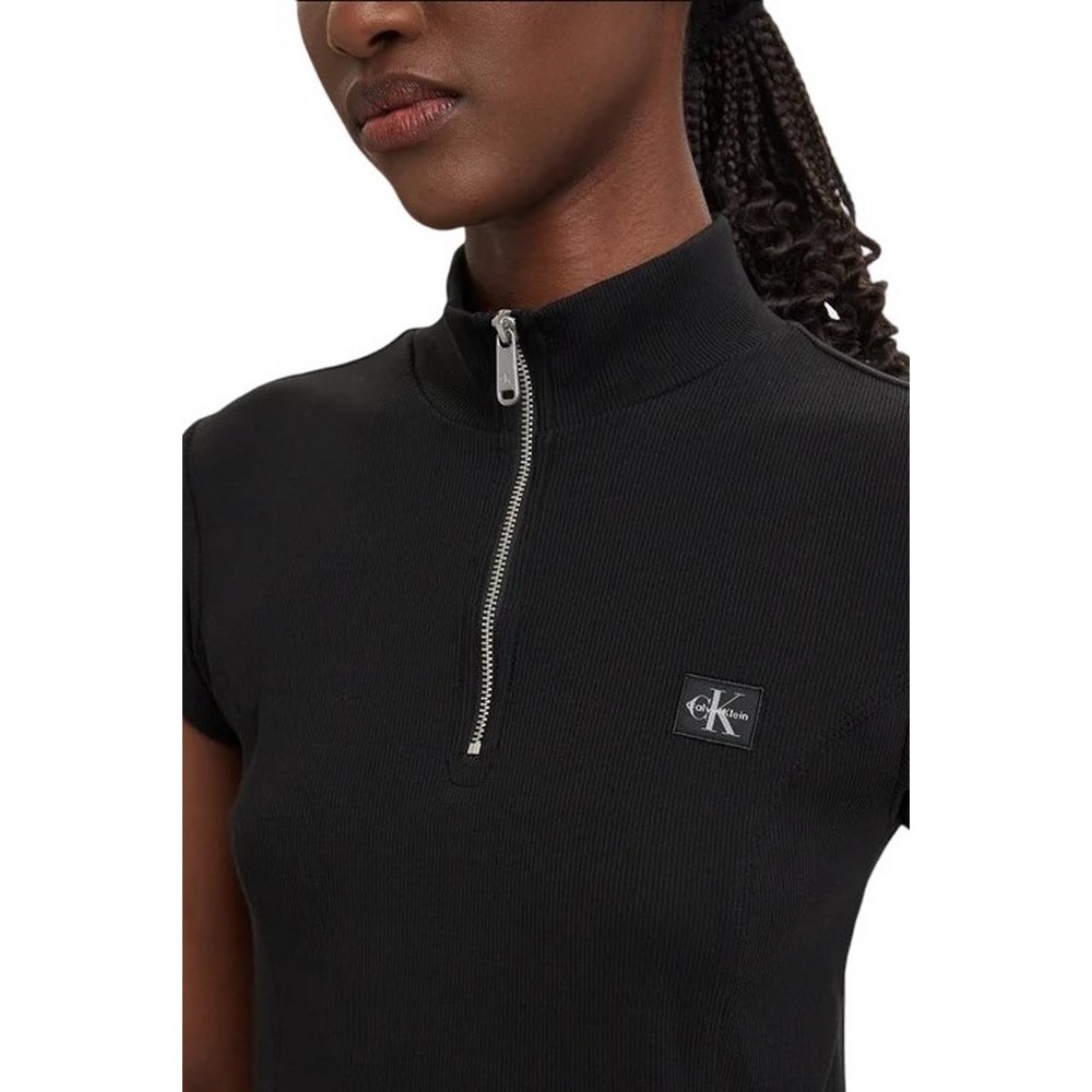 CALVIN KLEIN JEANS WOVEN LABEL 2X2 BABY RIB ZIP T-SHIRT ΜΠΛΟΥΖΑ ΓΥΝΑΙΚΕΙΑ BLACK