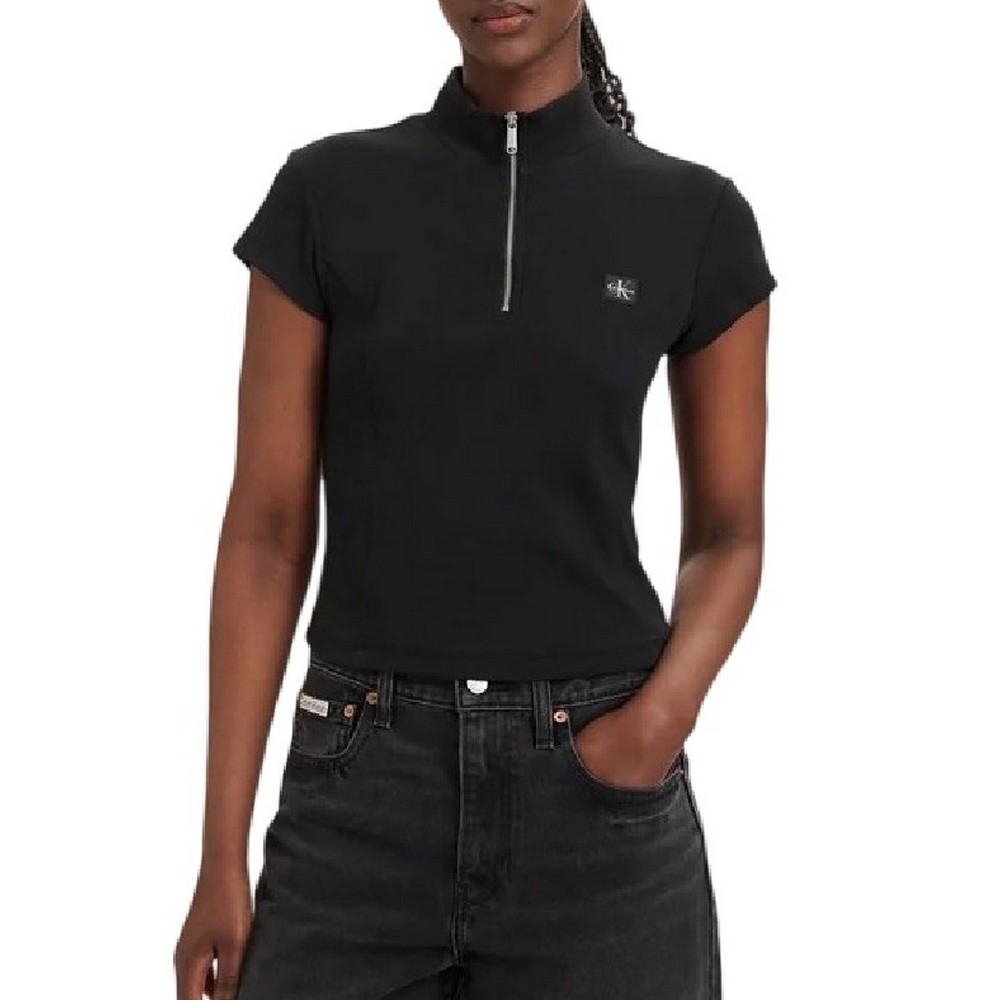 CALVIN KLEIN JEANS WOVEN LABEL 2X2 BABY RIB ZIP T-SHIRT ΜΠΛΟΥΖΑ ΓΥΝΑΙΚΕΙΑ BLACK
