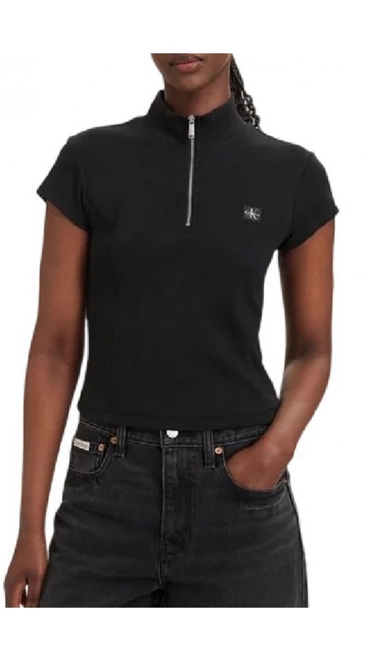 CALVIN KLEIN JEANS WOVEN LABEL 2X2 BABY RIB ZIP T-SHIRT ΜΠΛΟΥΖΑ ΓΥΝΑΙΚΕΙΑ BLACK