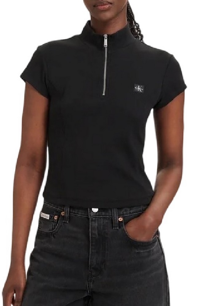 CALVIN KLEIN JEANS WOVEN LABEL 2X2 BABY RIB ZIP T-SHIRT ΜΠΛΟΥΖΑ ΓΥΝΑΙΚΕΙΑ BLACK