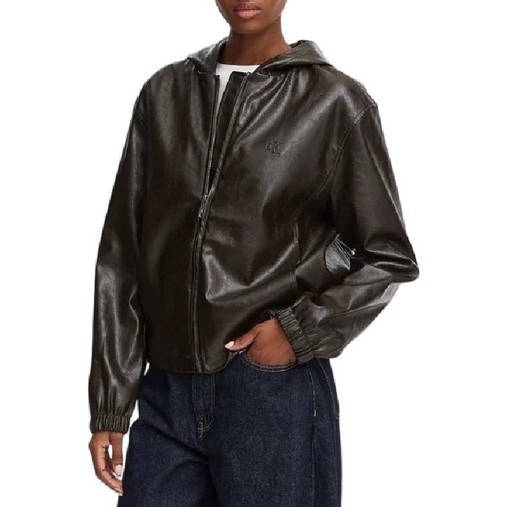 CALVIN KLEIN JEANS CROPPED HOODED FAUX LEATHER JACK ΜΠΟΥΦΑΝ ΓΥΝΑΙΚΕΙΟ BLACK