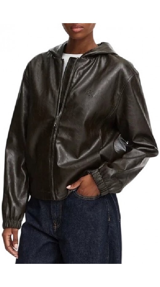 CALVIN KLEIN JEANS CROPPED HOODED FAUX LEATHER JACK ΜΠΟΥΦΑΝ ΓΥΝΑΙΚΕΙΟ BLACK