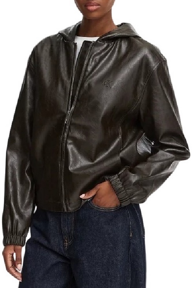 CALVIN KLEIN JEANS CROPPED HOODED FAUX LEATHER JACK ΜΠΟΥΦΑΝ ΓΥΝΑΙΚΕΙΟ BLACK
