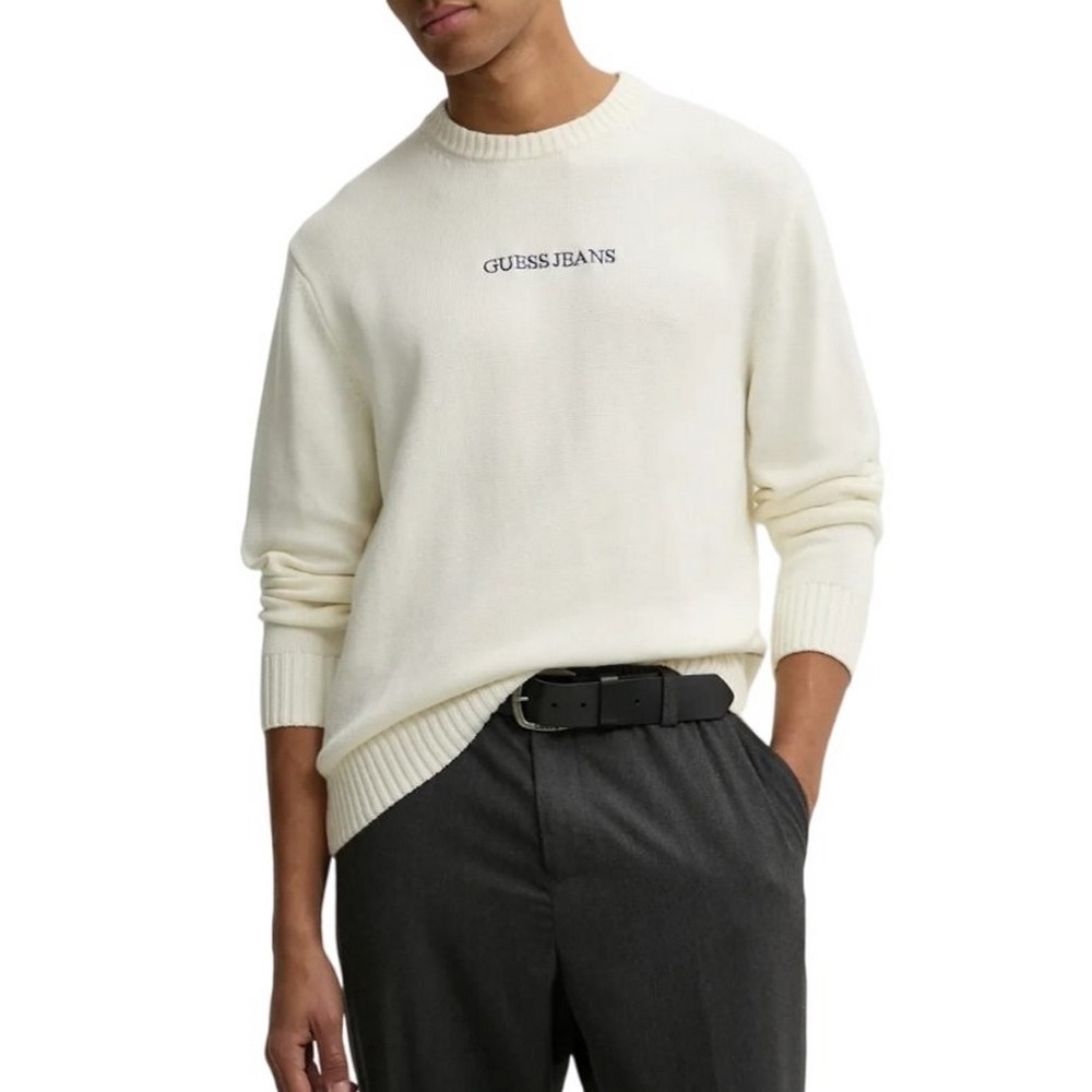 GUESS JEANS LS CN GUESS J EMB SWTR ΜΠΛΟΥΖΑ ΠΛΕΚΤΗ ΑΝΔΡΙΚΗ WHITE
