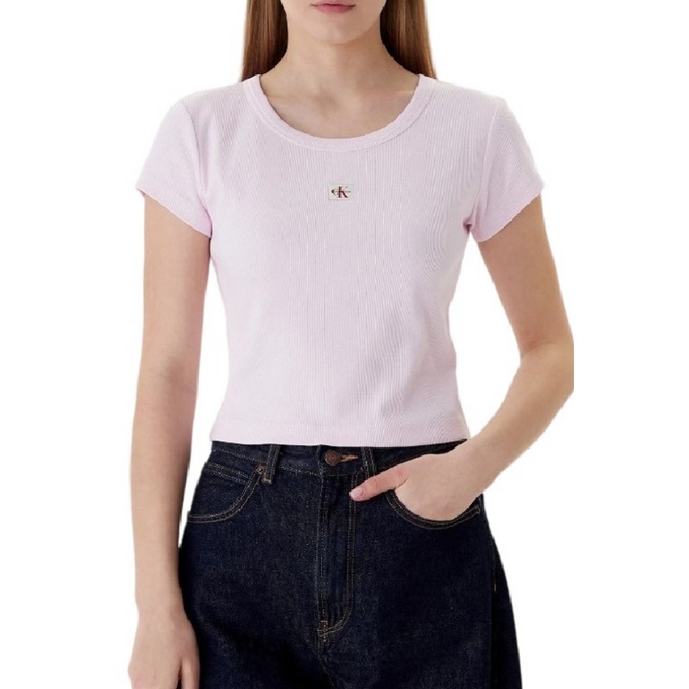 CALVIN KLEIN JEANS WOVEN LABEL 2X2 RIB BABY T-SHIRT ΜΠΛΟΥΖΑ ΓΥΝΑΙΚΕΙΑ PINK